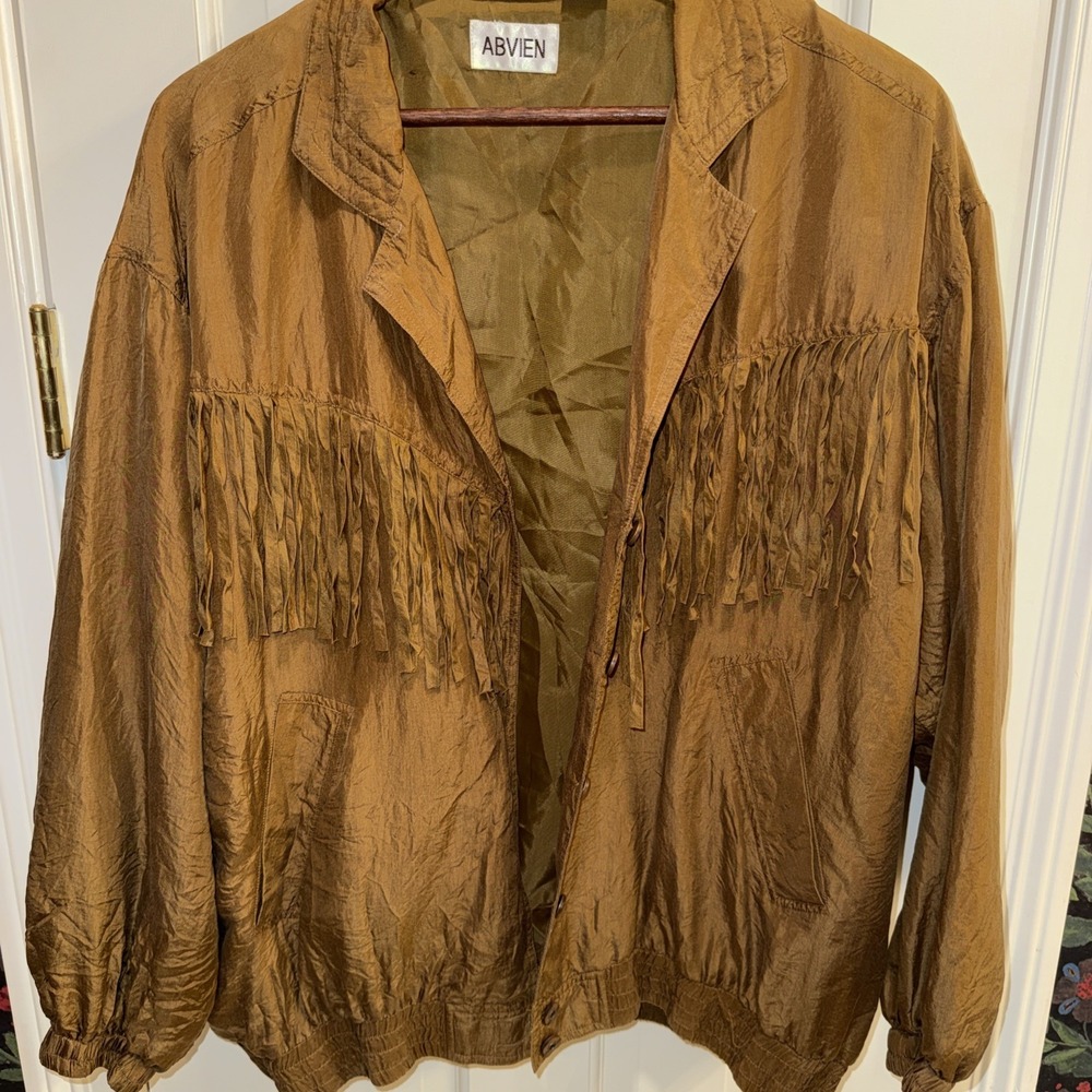 Abvien Women's 100% Silk Fringe Jacket Vintage Large Mustard‎ Brown Button Up